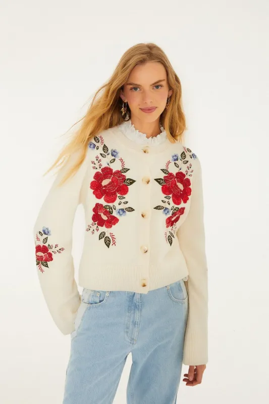 Cream Embroidered Flowers Buttoned Knit Cardigan sold by FARM Rio