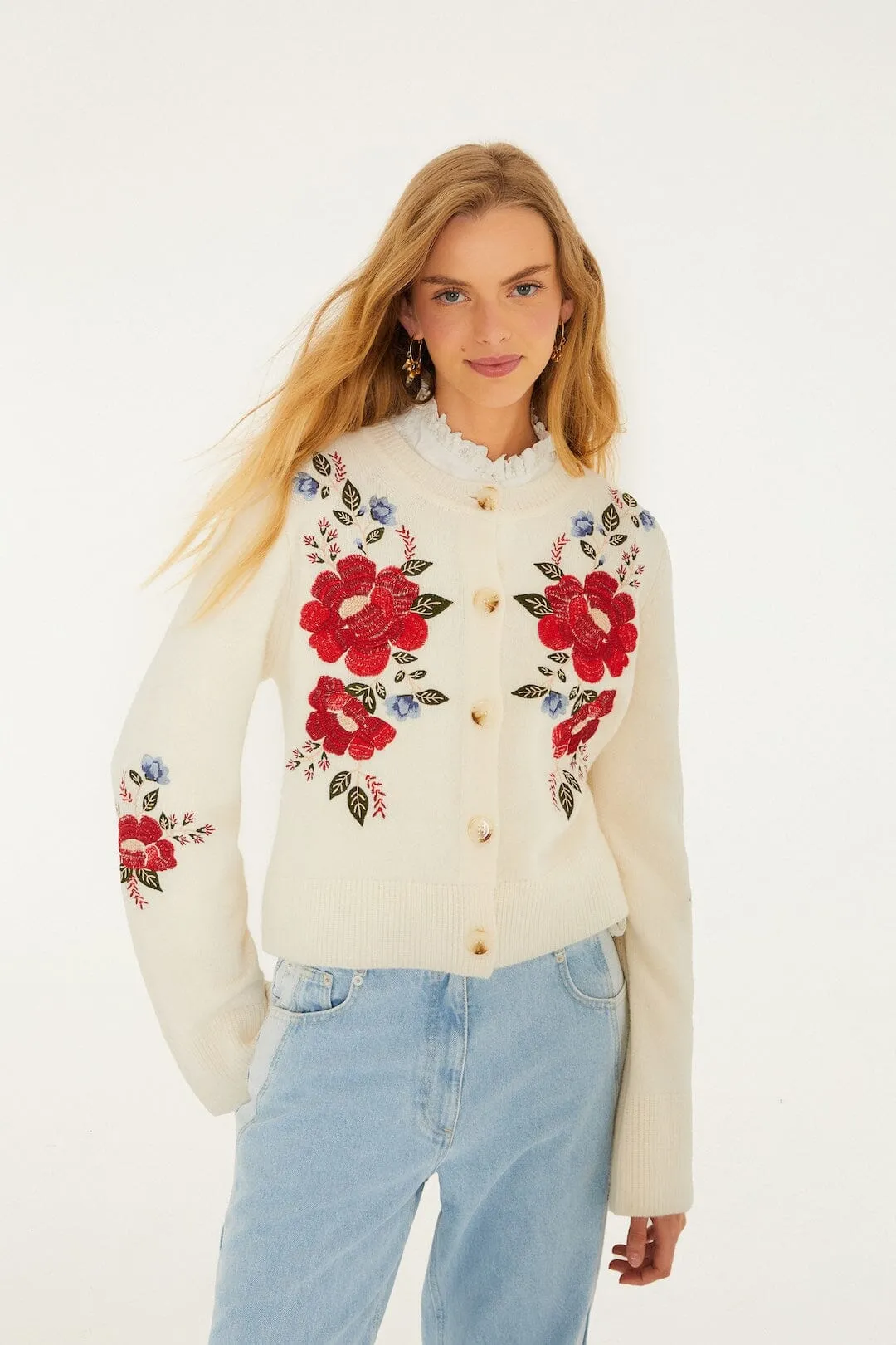 Cream Embroidered Flowers Buttoned Knit Cardigan sold by FARM Rio