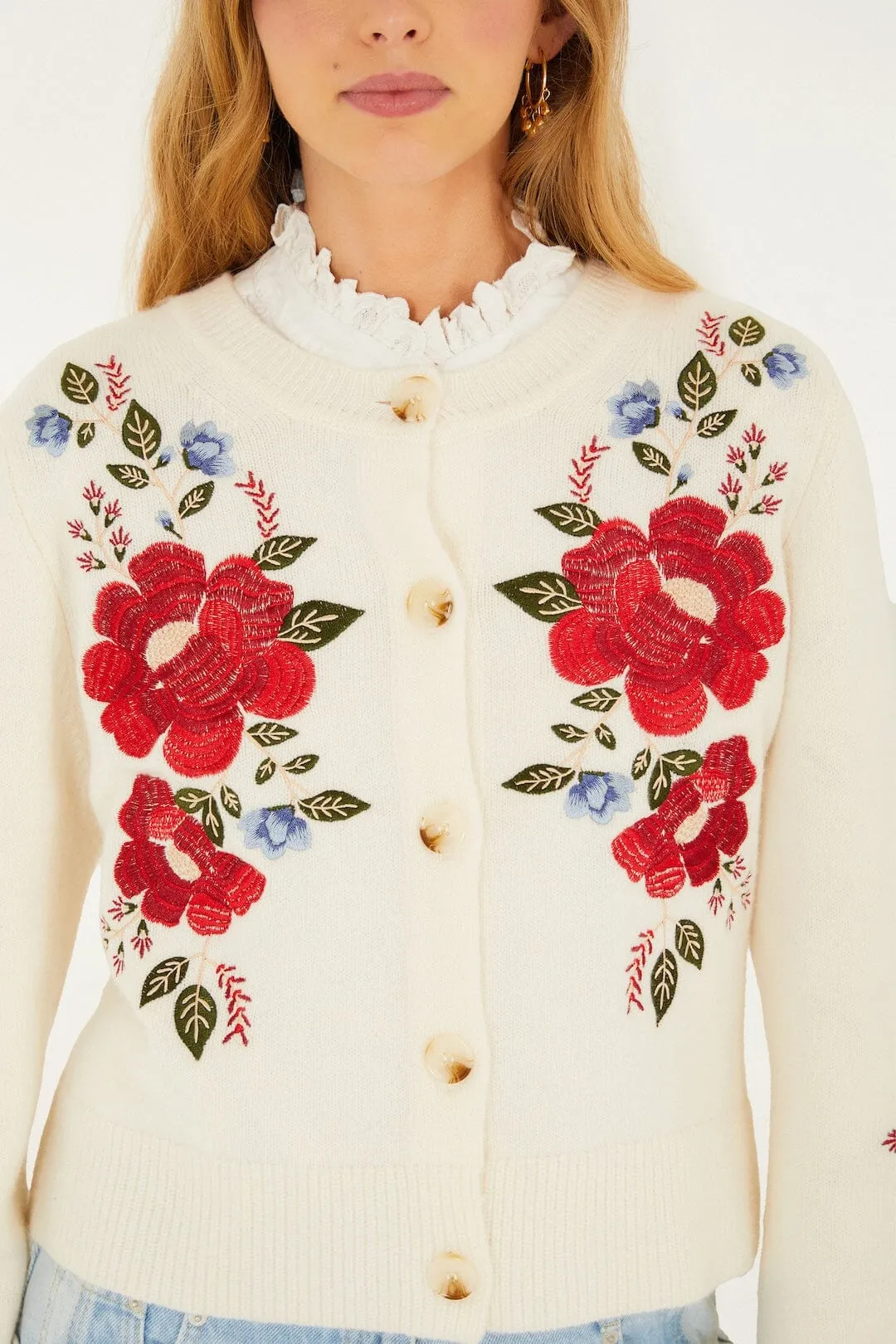 Cream Embroidered Flowers Buttoned Knit Cardigan sold by FARM Rio product image thumbnail 2