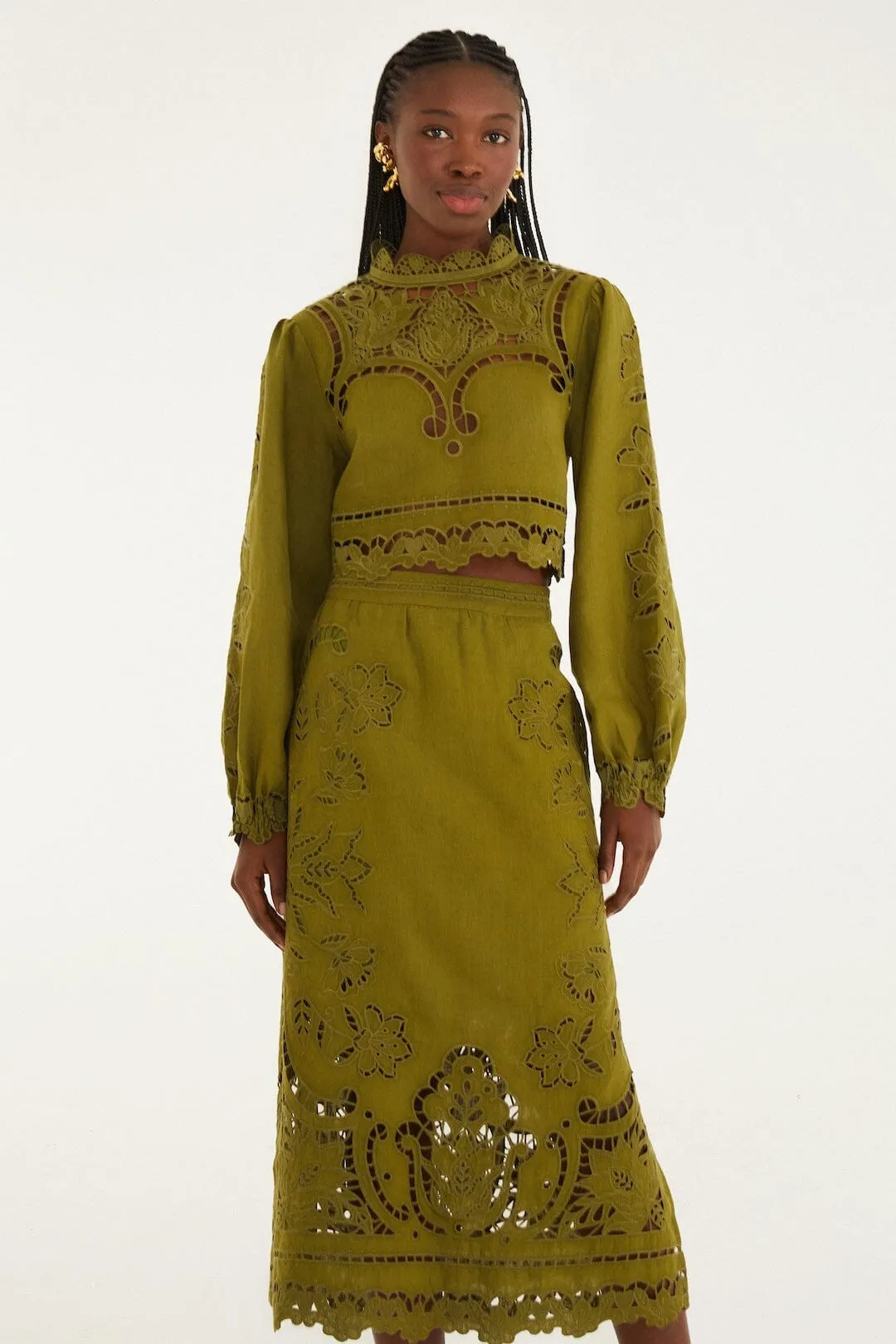 Green Majestic Garden Euroflax Premium Linen Richelieu Midi Skirt sold by FARM Rio product image thumbnail 4