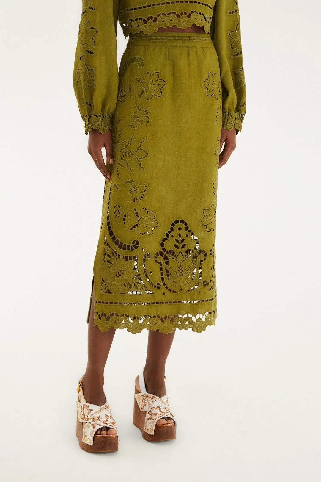 Green Majestic Garden Euroflax Premium Linen Richelieu Midi Skirt sold by FARM Rio product image thumbnail 2