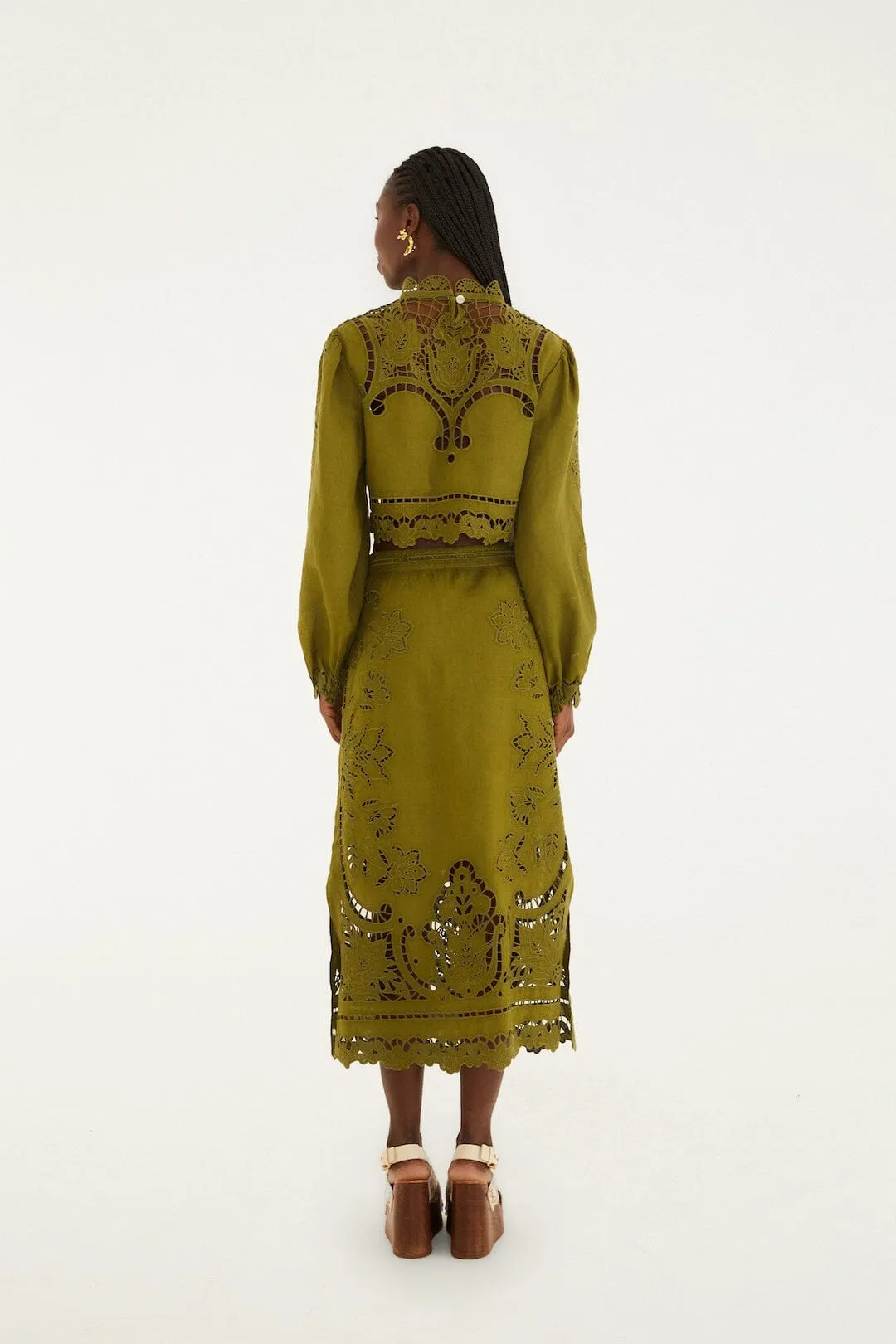 Green Majestic Garden Euroflax Premium Linen Richelieu Midi Skirt sold by FARM Rio product image thumbnail 3