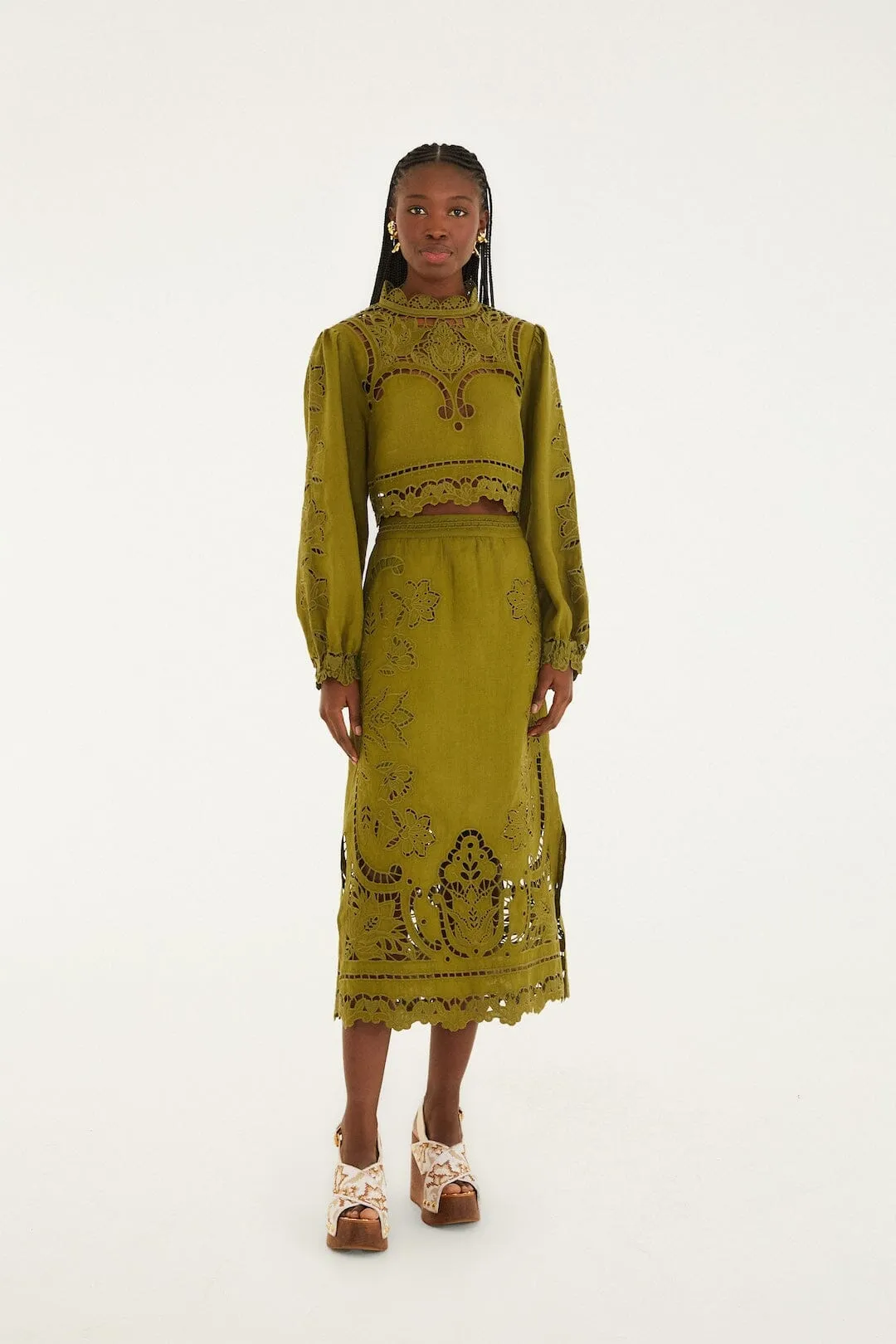 Green Majestic Garden Euroflax Premium Linen Richelieu Midi Skirt sold by FARM Rio