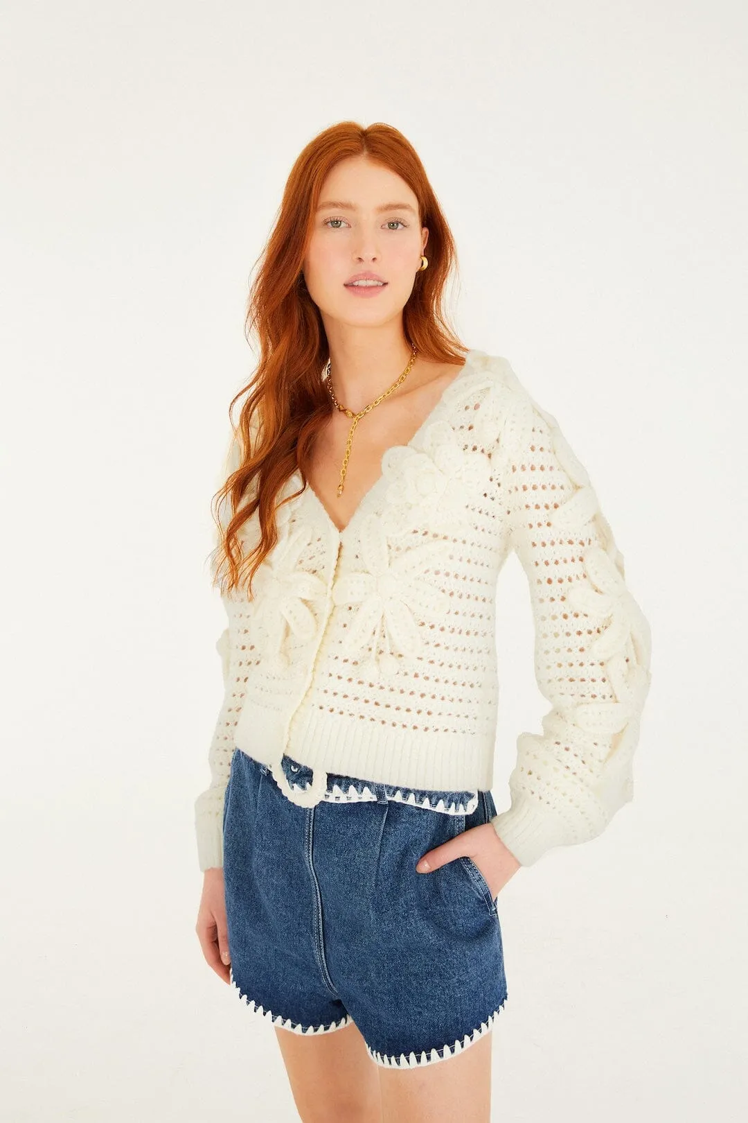 Off-White Crochet 3d Flowers Knit Cardigan sold by FARM Rio