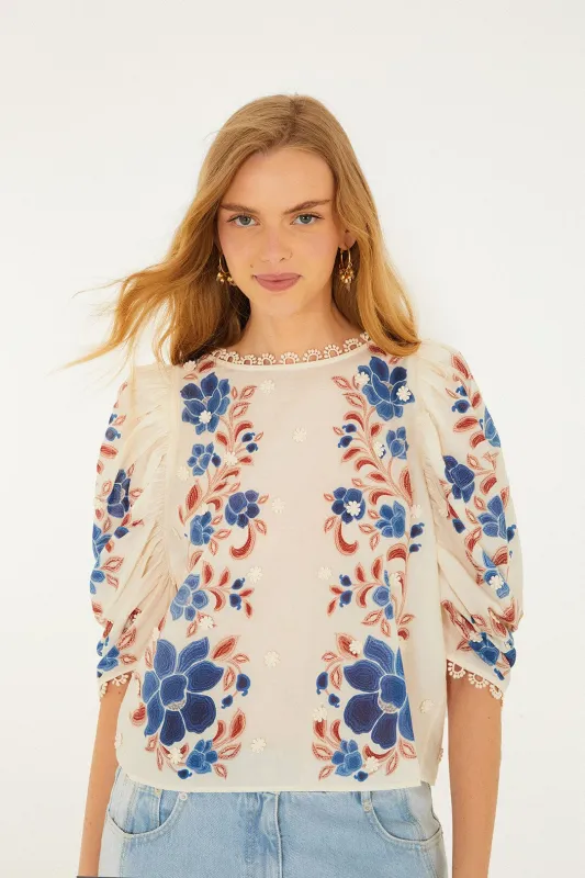 Sand Renata Floral 3d Puff Sleeve Blouse sold by FARM Rio
