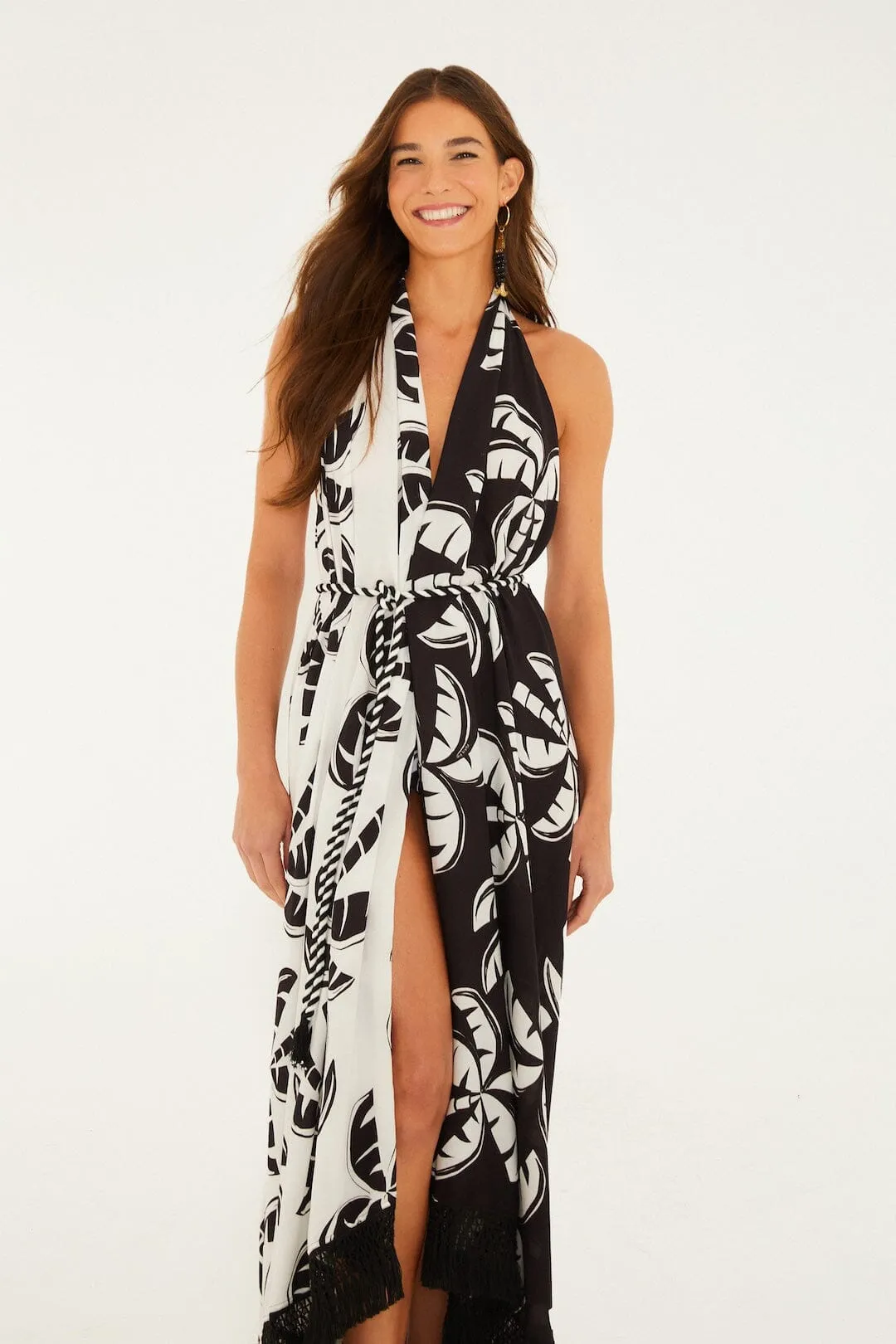Black And White Graphic Palms Belted Maxi Dress sold by FARM Rio