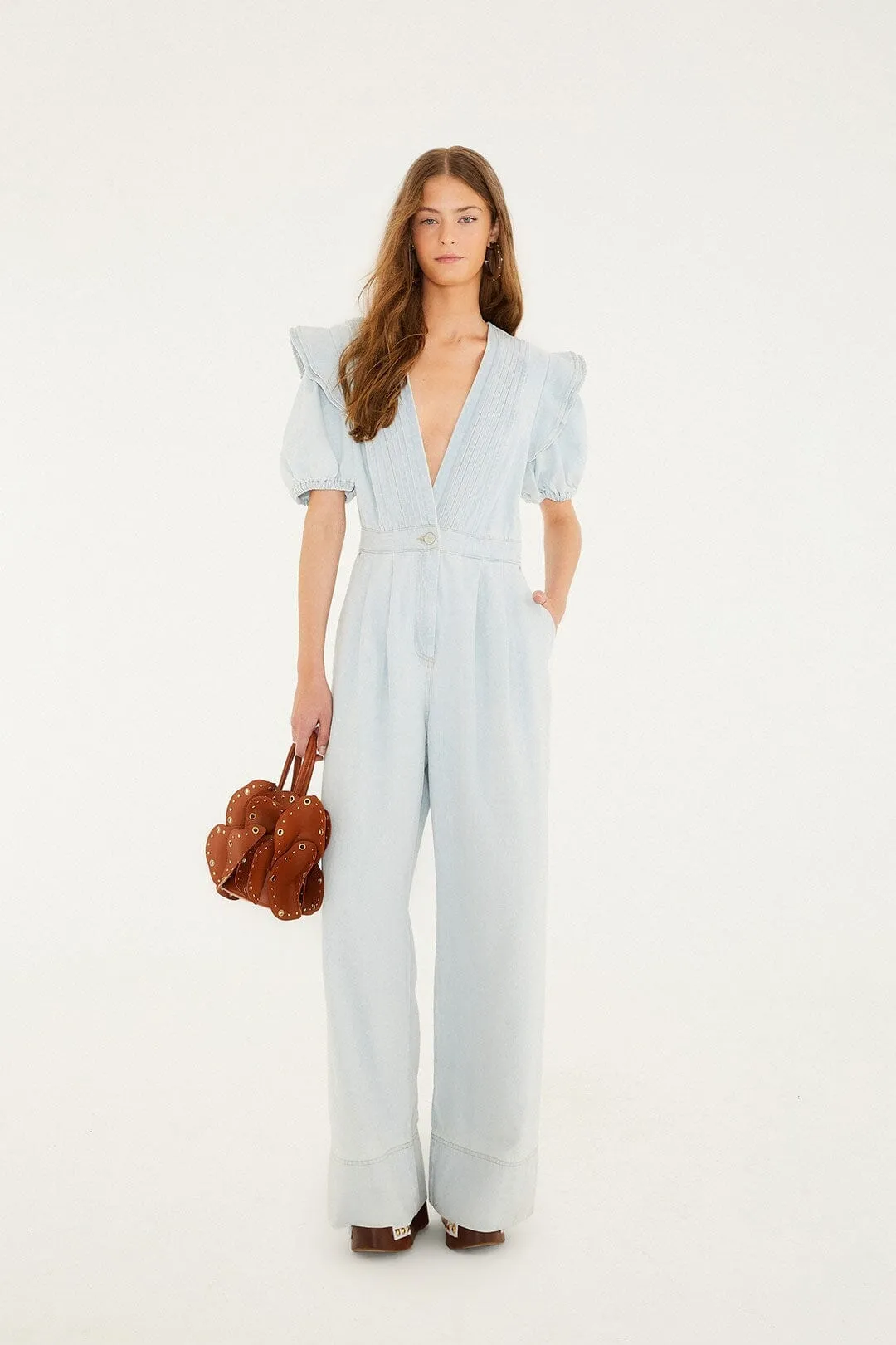 Denim V Neck Pleated Ruffled Jumpsuit sold by FARM Rio