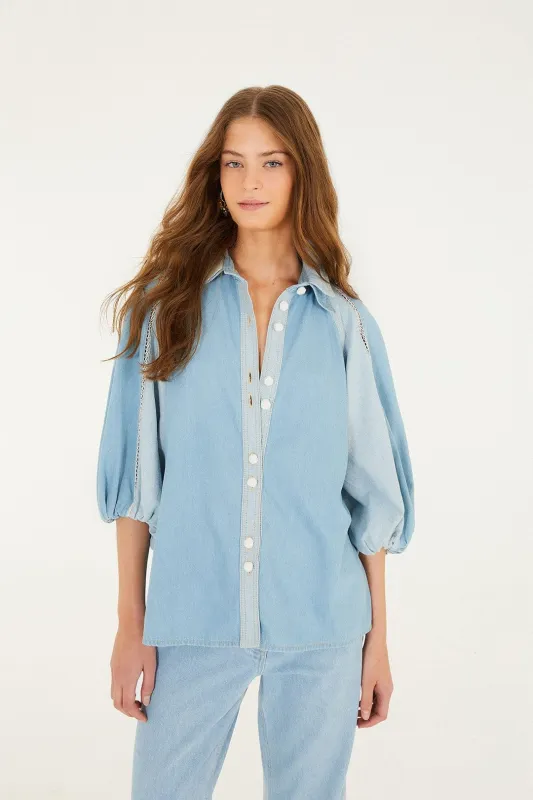 Denim Bicolor Puff Sleeve Shirt sold by FARM Rio