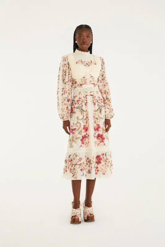 Cream Royal Garden Long Sleeve Crochet Midi Dress sold by FARM Rio