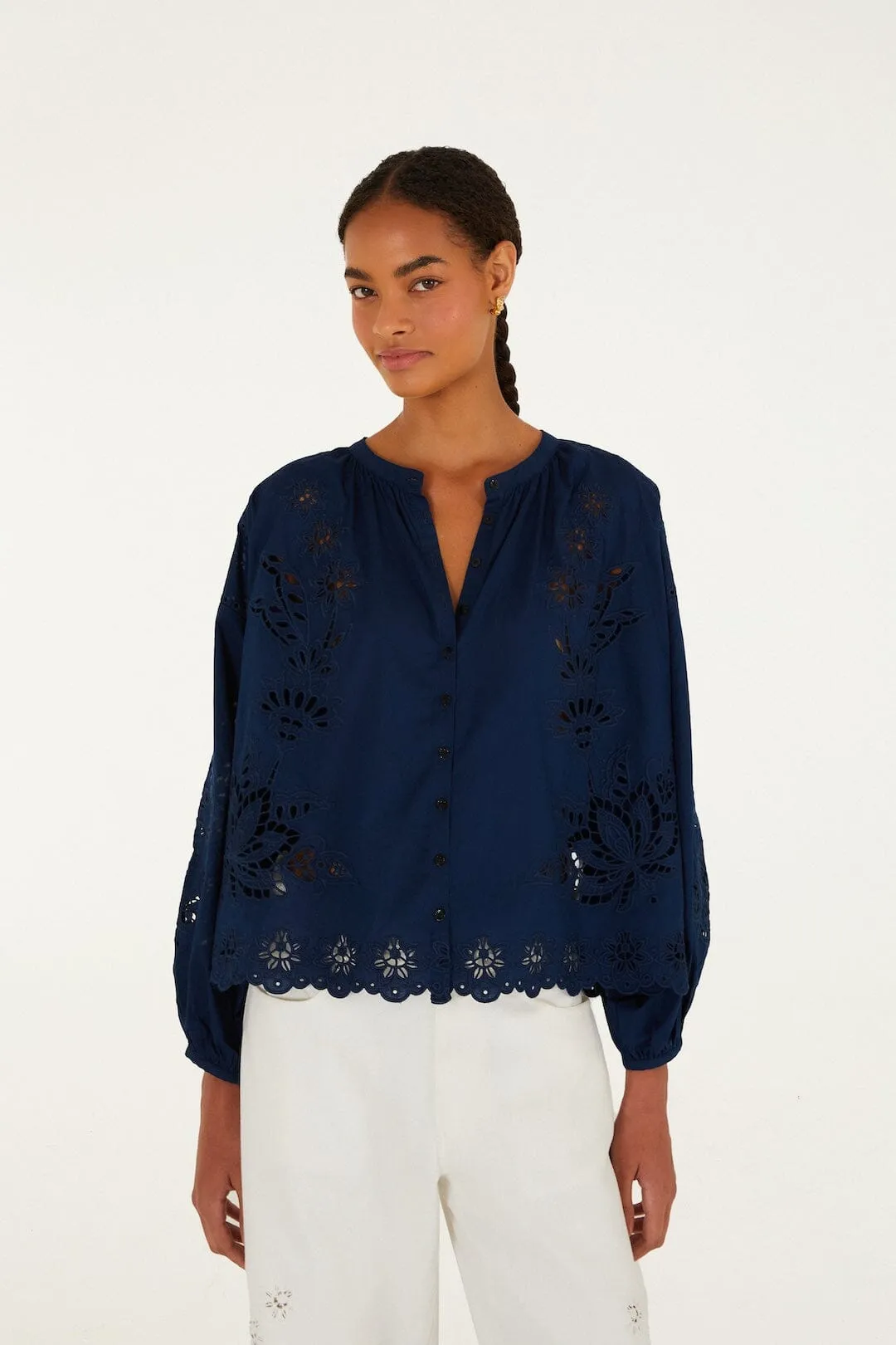 Navy Blue Artisanal Long Sleeve Blouse sold by FARM Rio