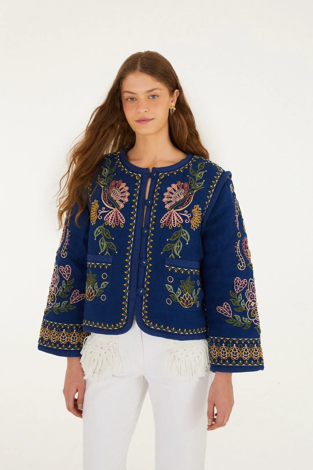Dark Blue Embroidered Pockets Richelieu Jacket sold by FARM Rio
