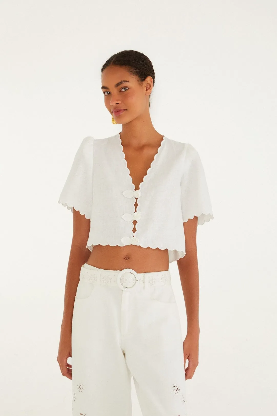 Off-White Roses Scallop Artisanal Top sold by FARM Rio