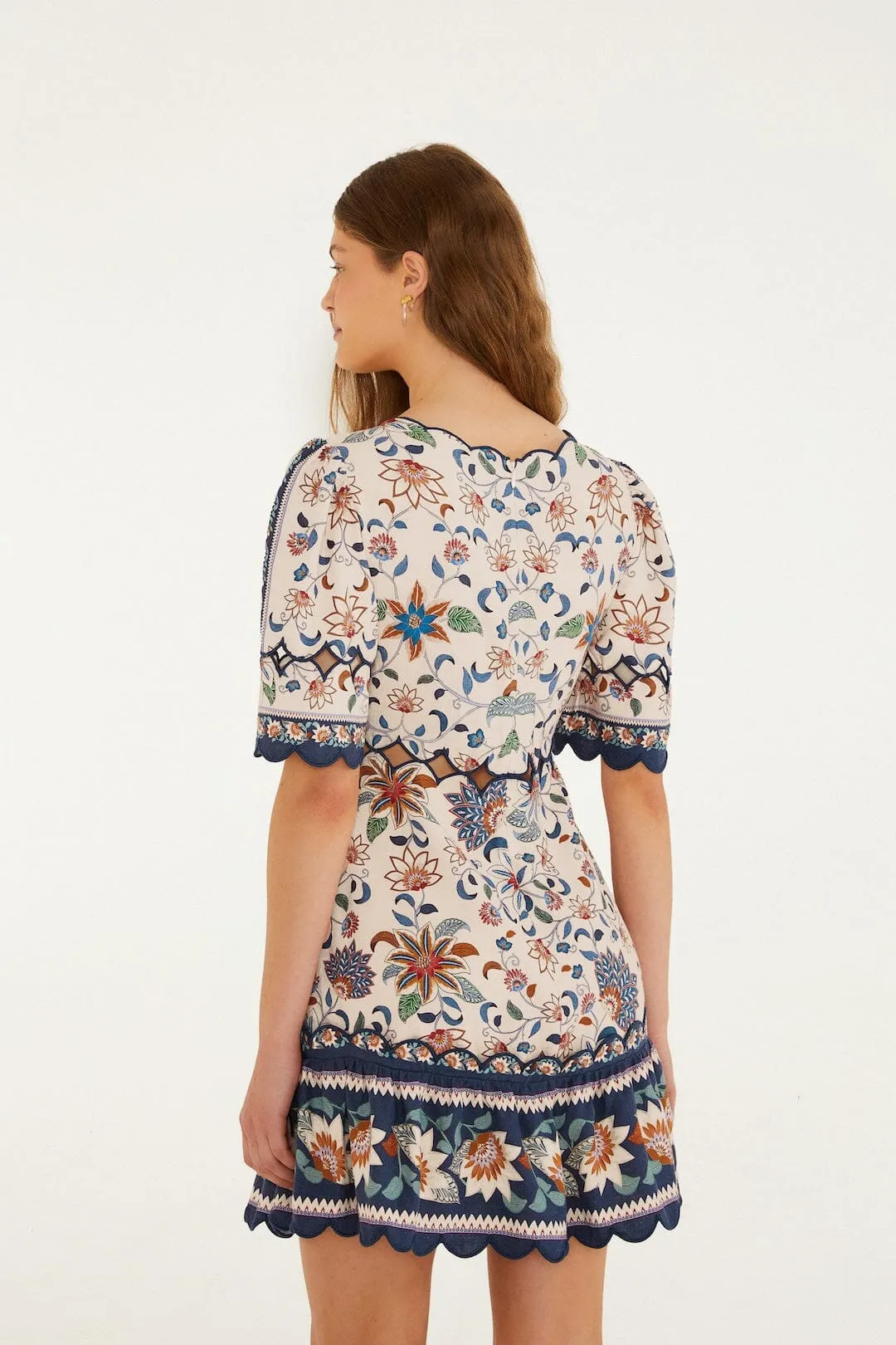 Pink Floral Delhi Tapestry Scallop Cut-Out Mini Dress sold by FARM Rio product image thumbnail 3