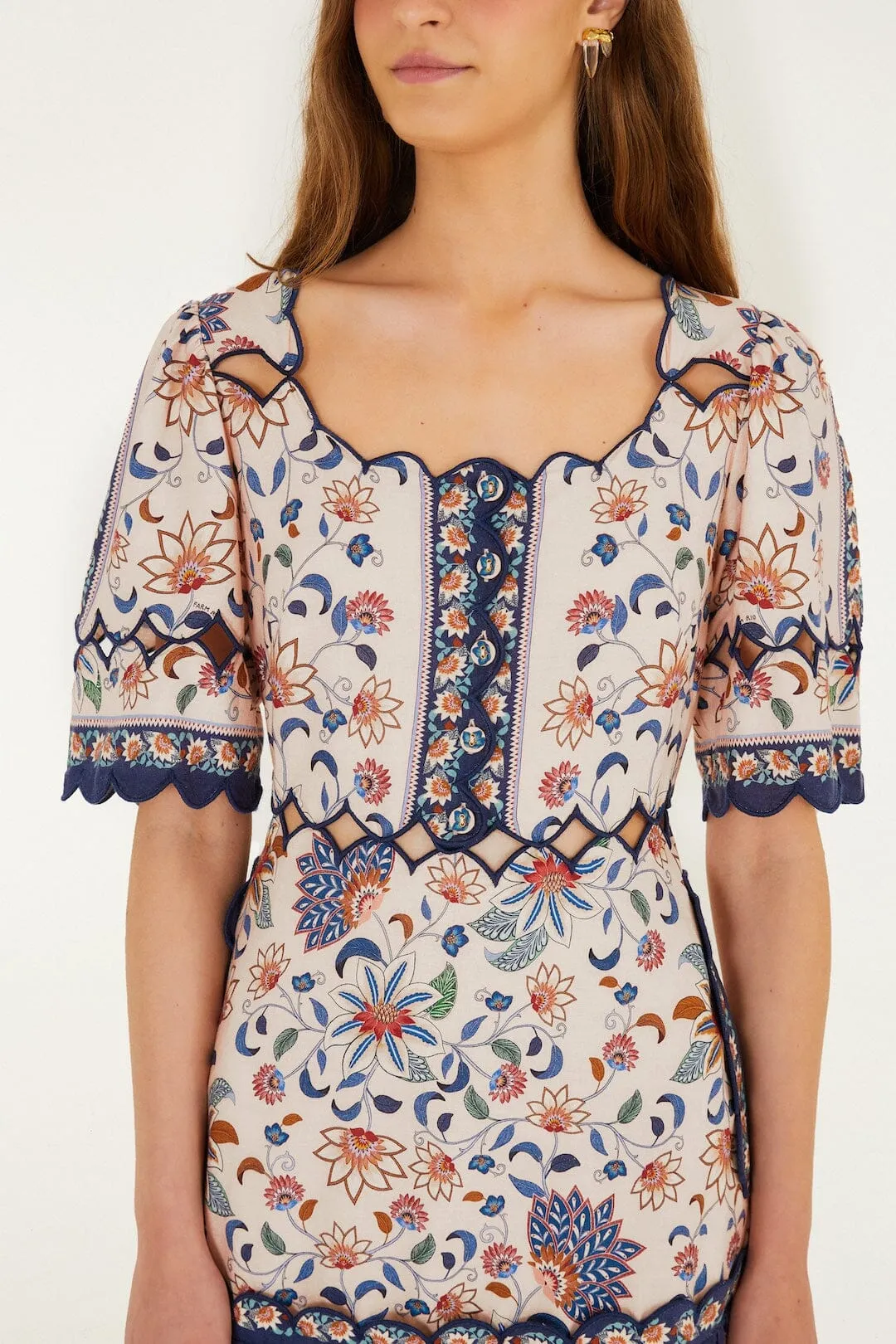 Pink Floral Delhi Tapestry Scallop Cut-Out Mini Dress sold by FARM Rio product image thumbnail 2