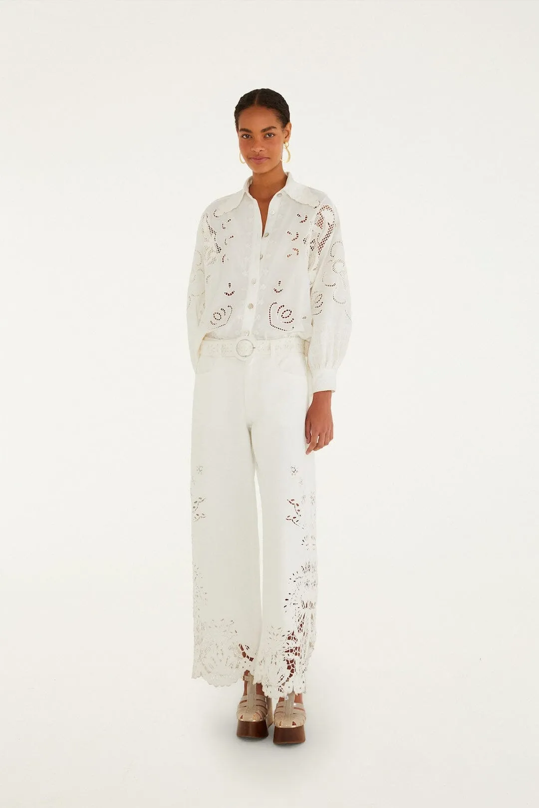 Off-White Embroidered Flowers Richelieu Shirt sold by FARM Rio