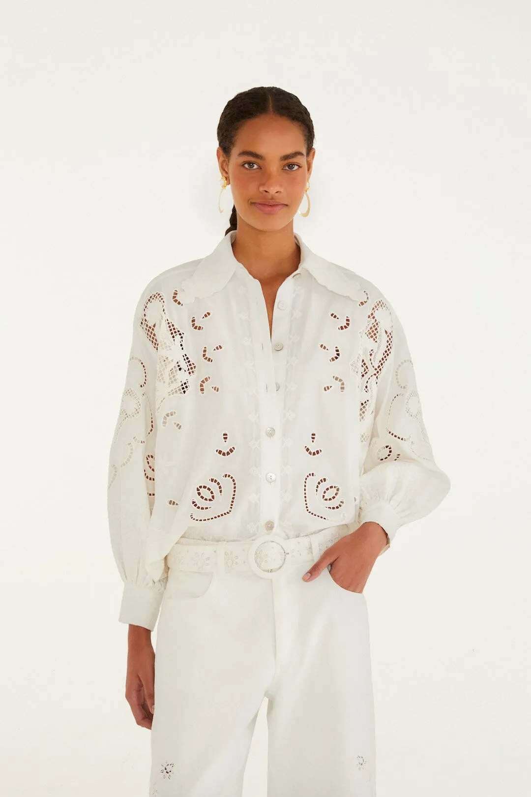 Off-White Embroidered Flowers Richelieu Shirt sold by FARM Rio product image thumbnail 3
