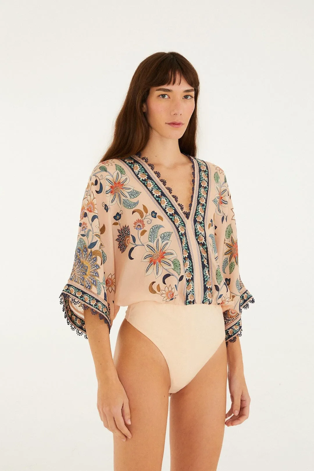 Soft Pink Floral Delhi Tapestry Kimono Sleeve Bodysuit sold by FARM Rio product image thumbnail 4