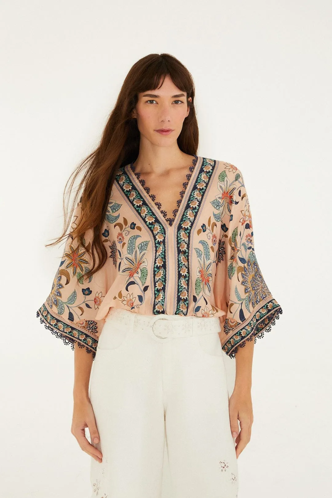 Soft Pink Floral Delhi Tapestry Kimono Sleeve Bodysuit sold by FARM Rio product image thumbnail 3