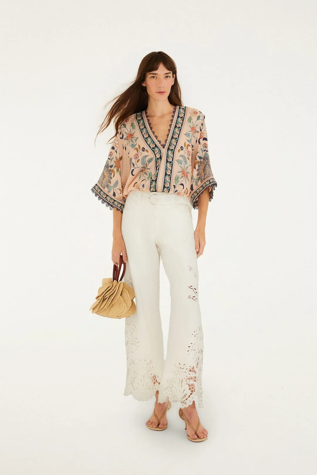 Soft Pink Floral Delhi Tapestry Kimono Sleeve Bodysuit sold by FARM Rio