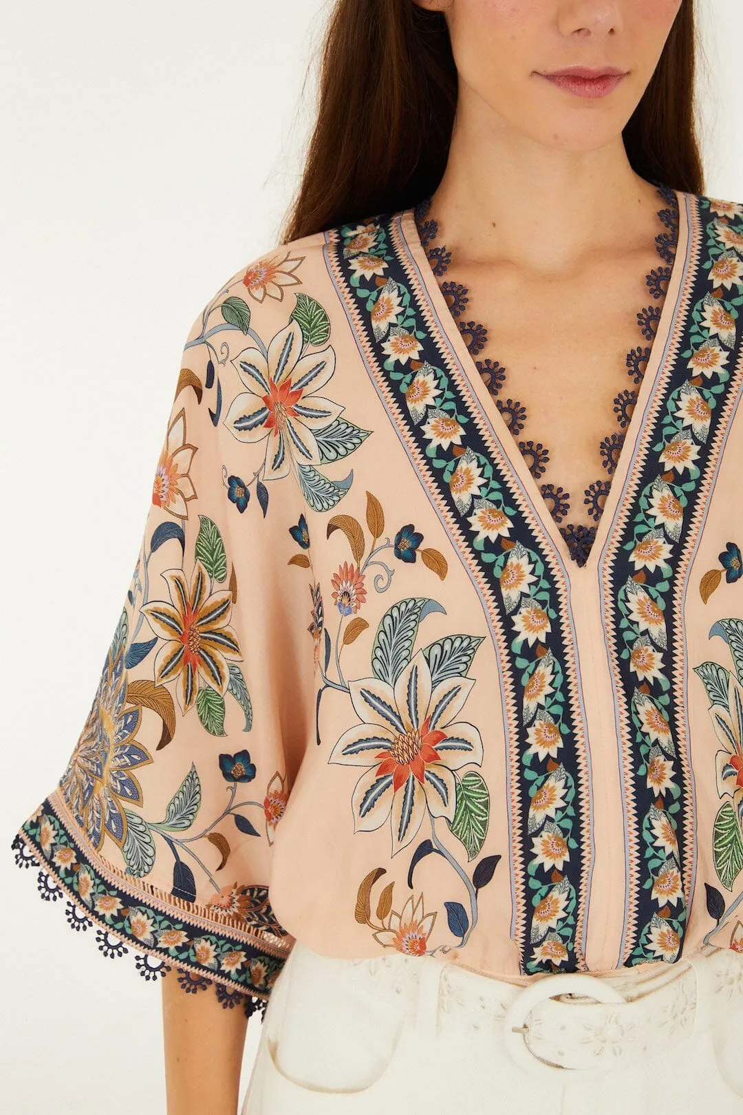 Soft Pink Floral Delhi Tapestry Kimono Sleeve Bodysuit sold by FARM Rio product image thumbnail 2