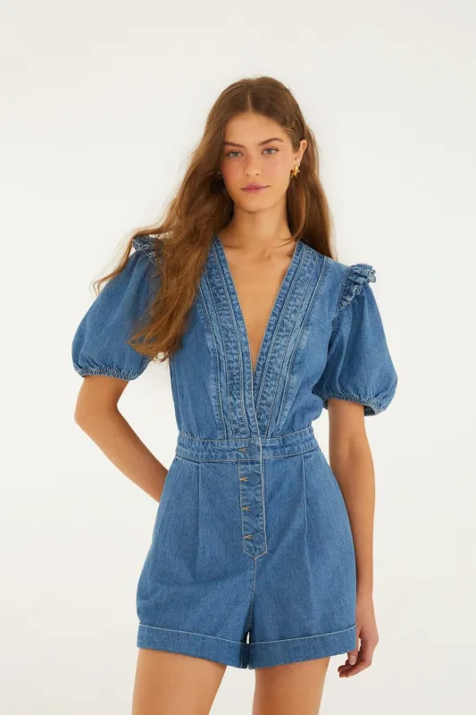 Denim Ruffled Puff Sleeve Romper sold by FARM Rio