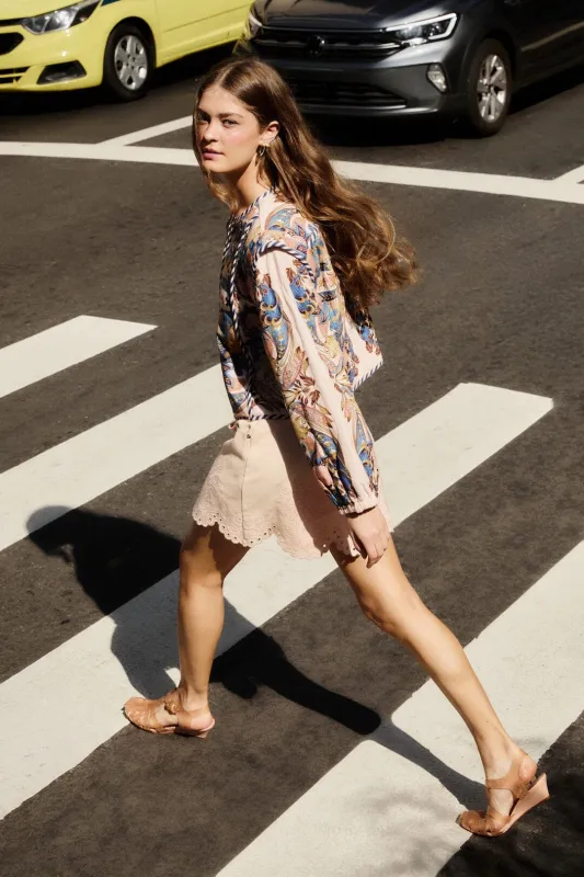 Soft Pink Geometric Richelieu Twill Mini Skirt sold by FARM Rio