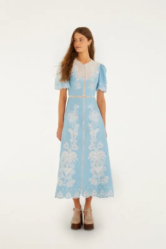 Light Blue Embroidered Euroflax Premium Linene Midi Dress sold by FARM Rio