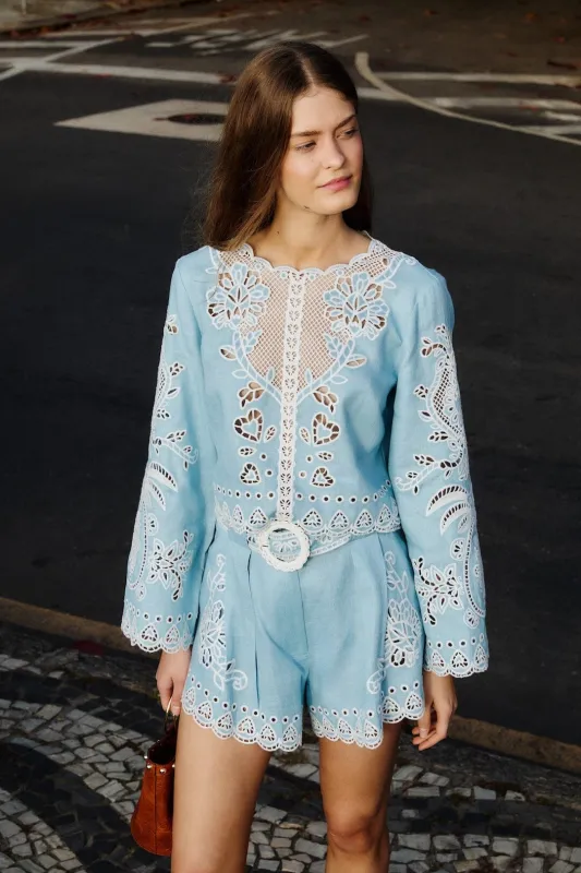 Light Blue Romantic Richelieu Euroflax Premium Linen Shorts sold by FARM Rio