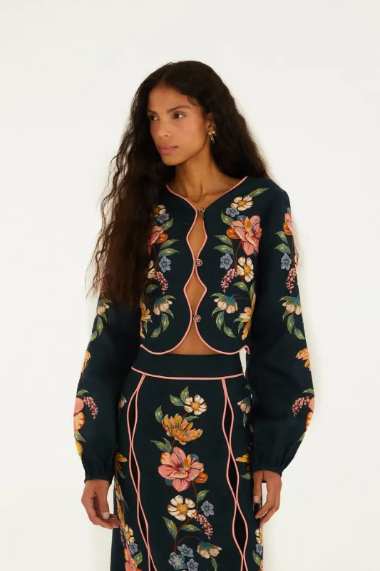 Dark Blue Maira Floral Euroflax Premium Linen Top sold by FARM Rio