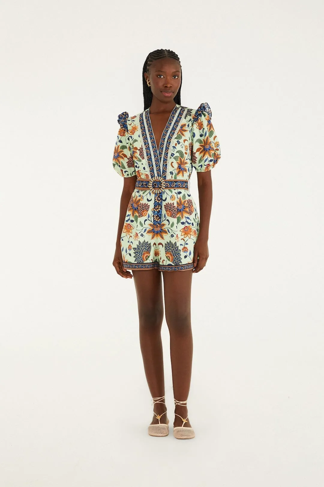 Light Green Floral Delhi Tapestry Belted Organic Cotton Romper sold by FARM Rio product image thumbnail 5