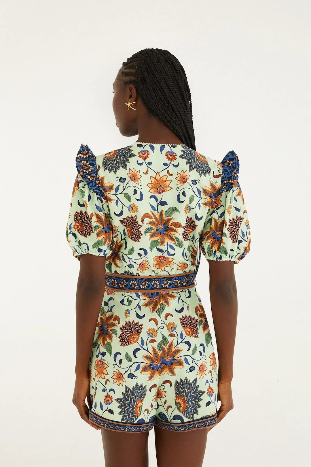 Light Green Floral Delhi Tapestry Belted Organic Cotton Romper sold by FARM Rio product image thumbnail 3