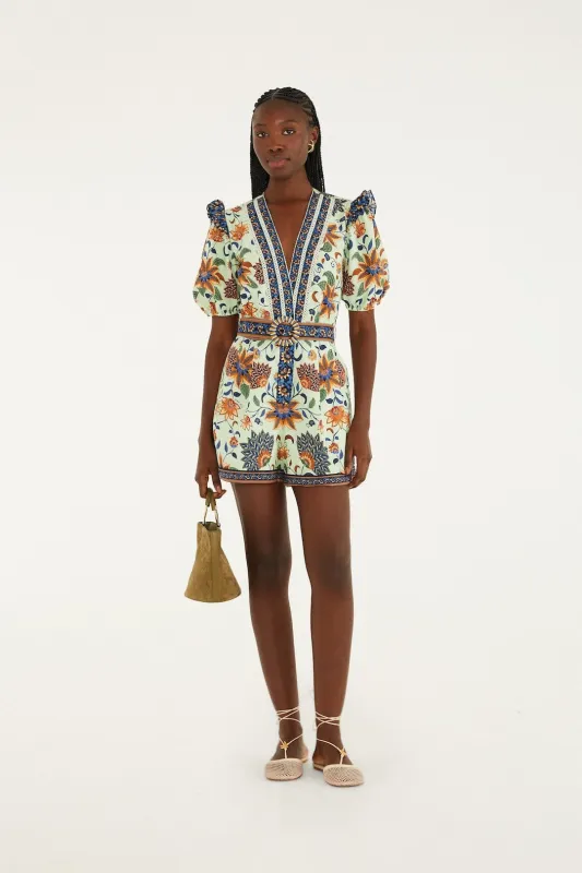 Light Green Floral Delhi Tapestry Belted Organic Cotton Romper sold by FARM Rio