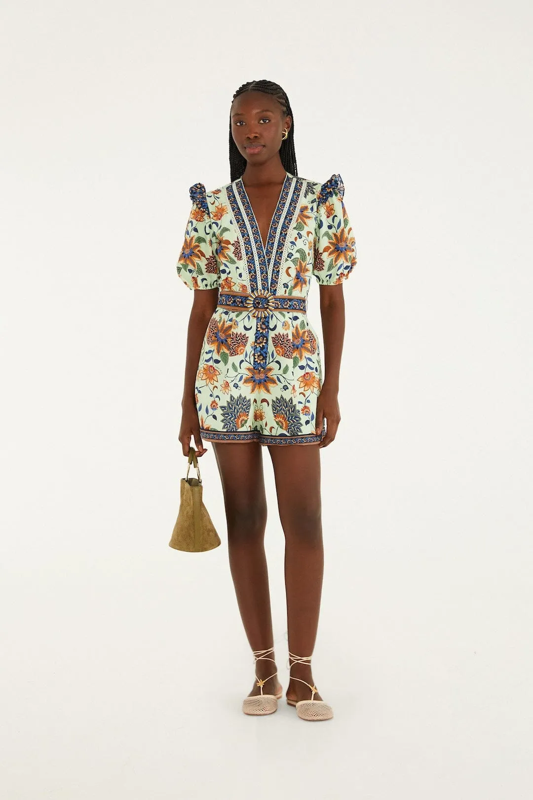 Light Green Floral Delhi Tapestry Belted Organic Cotton Romper sold by FARM Rio