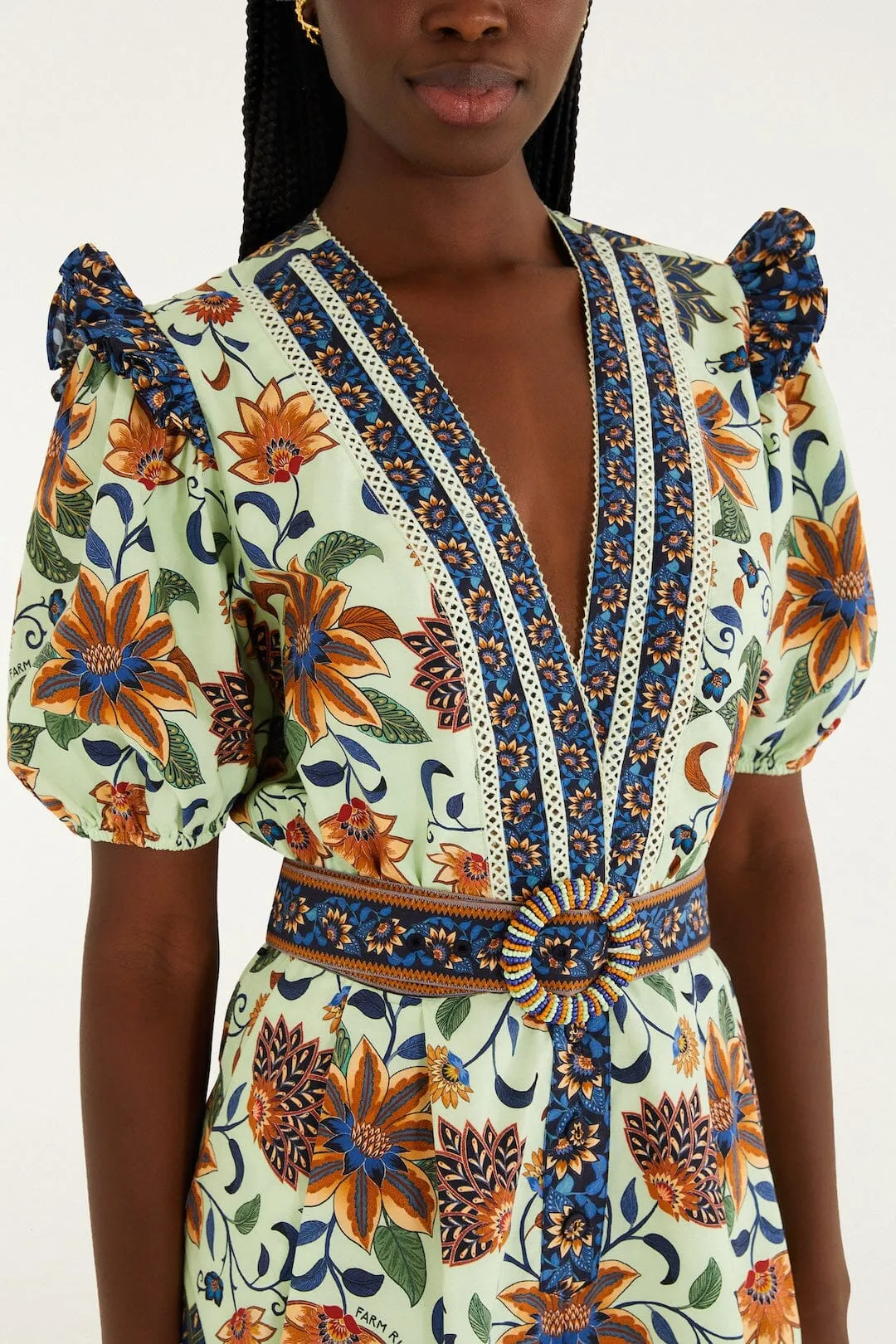 Light Green Floral Delhi Tapestry Belted Organic Cotton Romper sold by FARM Rio product image thumbnail 2