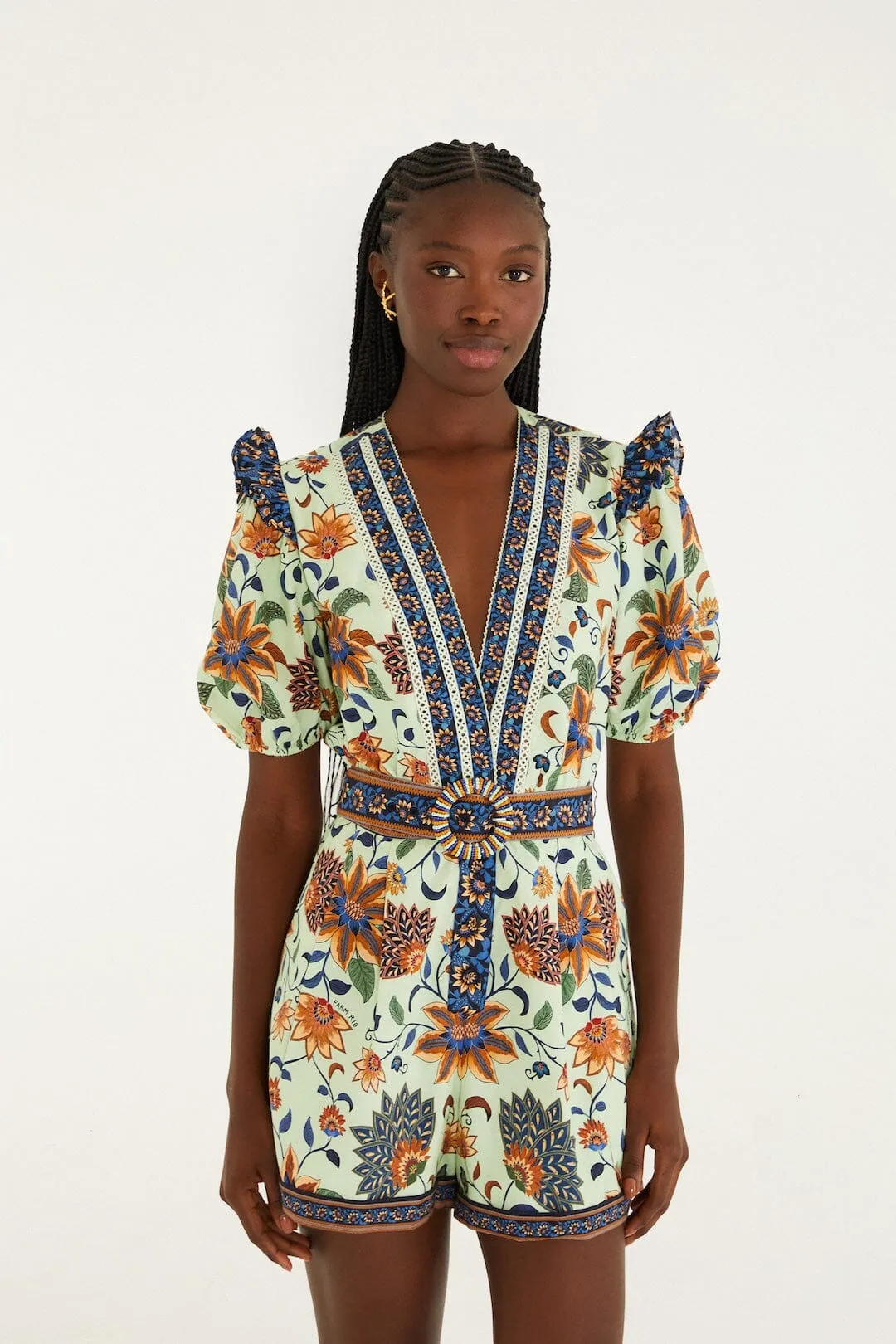 Light Green Floral Delhi Tapestry Belted Organic Cotton Romper sold by FARM Rio product image thumbnail 4