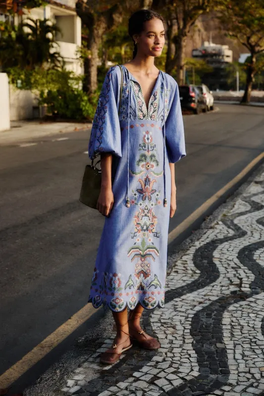 Blue Garden Tapestry Embroidered Long Sleeve Midi Dress made by FARM Rio