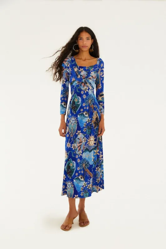 Blue Mystical Draped Long Sleeve Maxi Dress made by FARM Rio