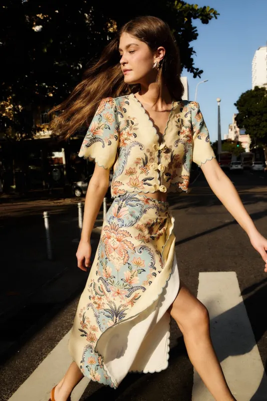 Butter Yellow Boho Beauty Euroflax Premium Linen Midi Skirt sold by FARM Rio