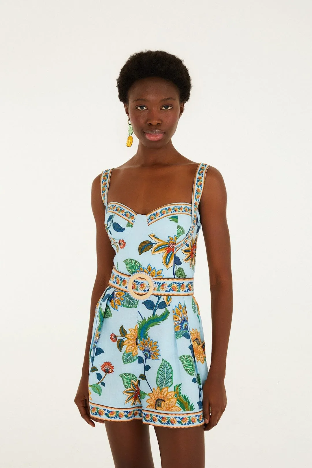 Light Blue Floral Delhi Euroflax™ Premium Linen Romper sold by FARM Rio