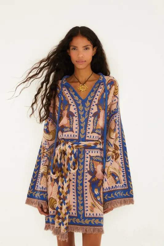 Blue Sea Garden Scarf Tassels Knit Mini Dress made by FARM Rio