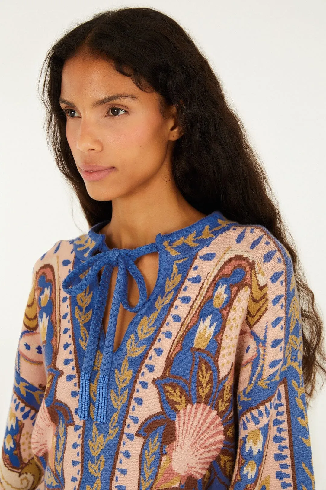 Blue Sea Garden Scarf Tassels Knit Mini Dress sold by FARM Rio product image thumbnail 2