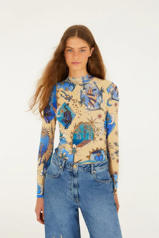 Sand Mystical Long Sleeve Tulle Blouse made by FARM Rio