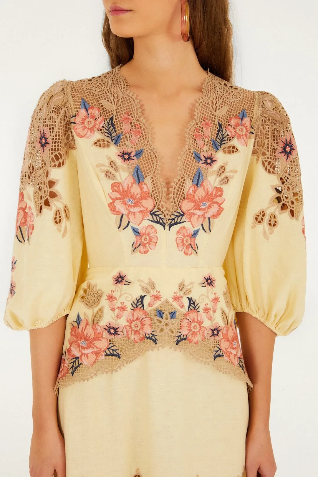 Butter Yellow Embroidered Lenzing Ecovero Euroflax Midi Dress sold by FARM Rio product image thumbnail 4