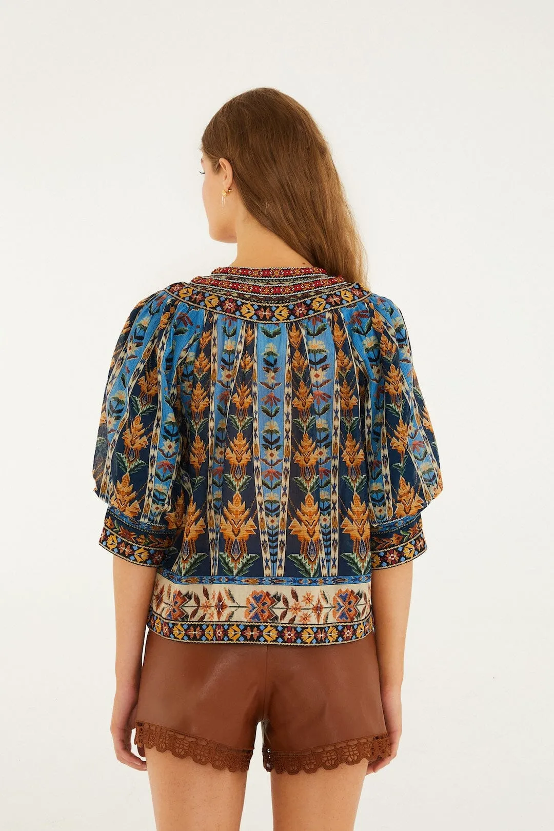Blue Embroidered Tapestry Tassels Puff Sleeve Blouse sold by FARM Rio product image thumbnail 3