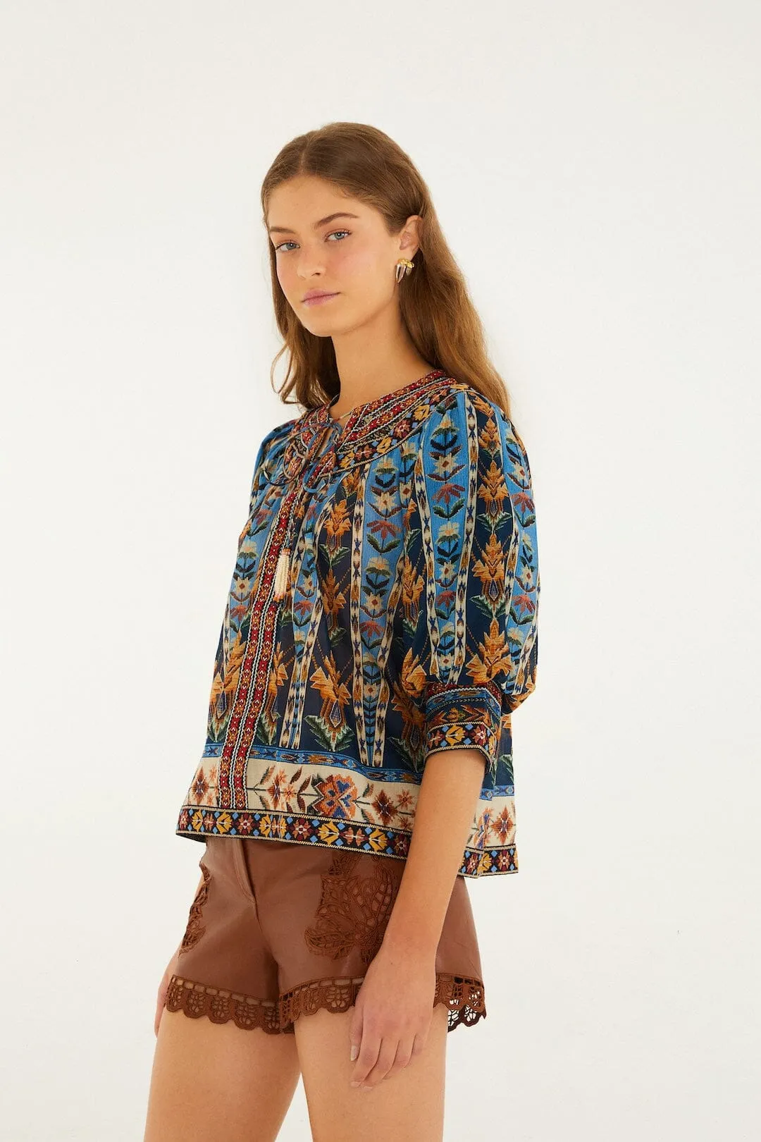 Blue Embroidered Tapestry Tassels Puff Sleeve Blouse sold by FARM Rio product image thumbnail 5