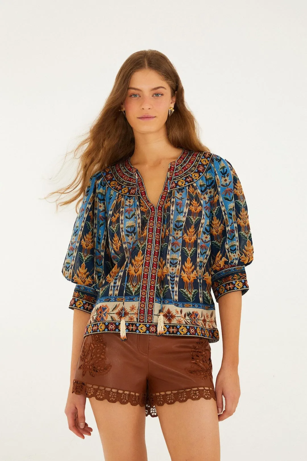 Blue Embroidered Tapestry Tassels Puff Sleeve Blouse sold by FARM Rio