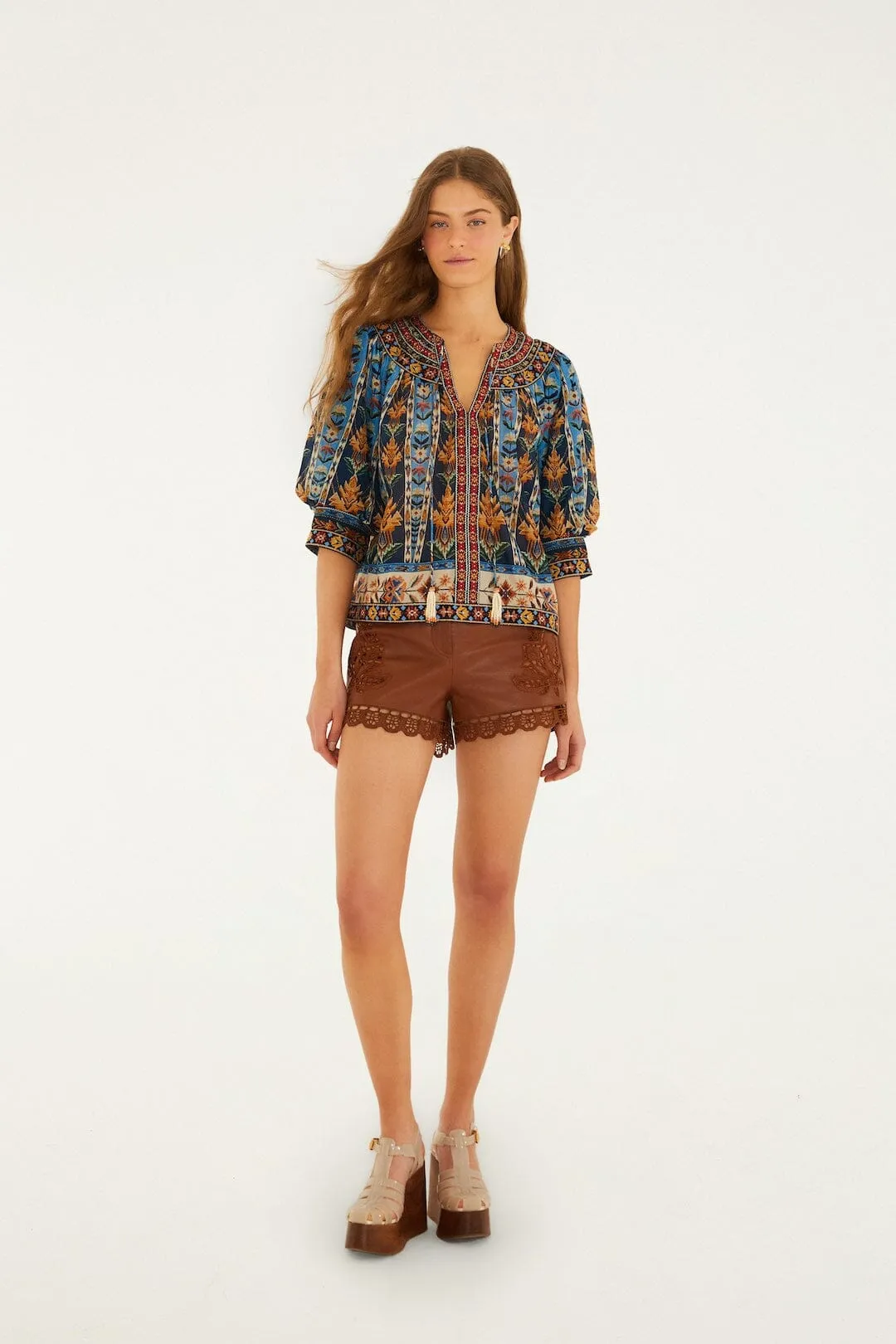 Blue Embroidered Tapestry Tassels Puff Sleeve Blouse sold by FARM Rio product image thumbnail 4