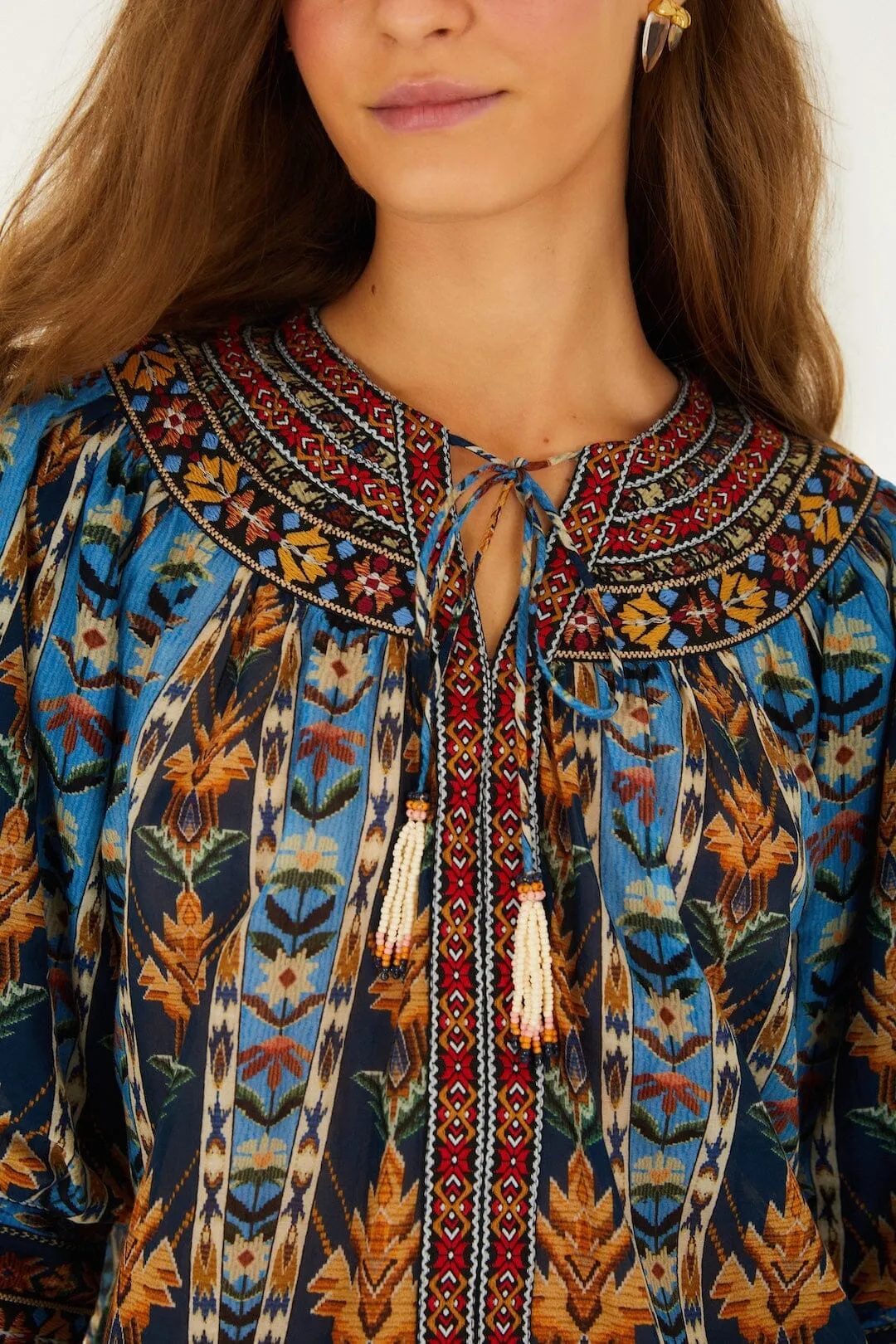 Blue Embroidered Tapestry Tassels Puff Sleeve Blouse sold by FARM Rio product image thumbnail 2
