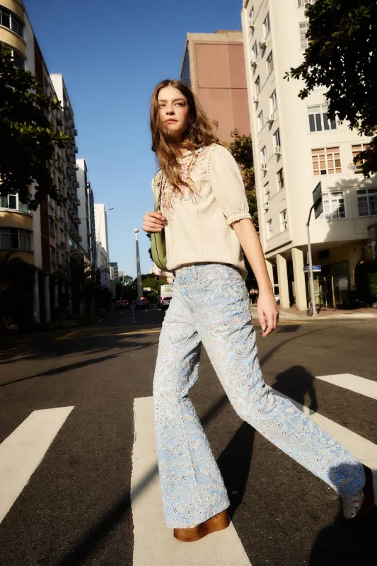 Denim Eyelet Pockets Flare Pants sold by FARM Rio