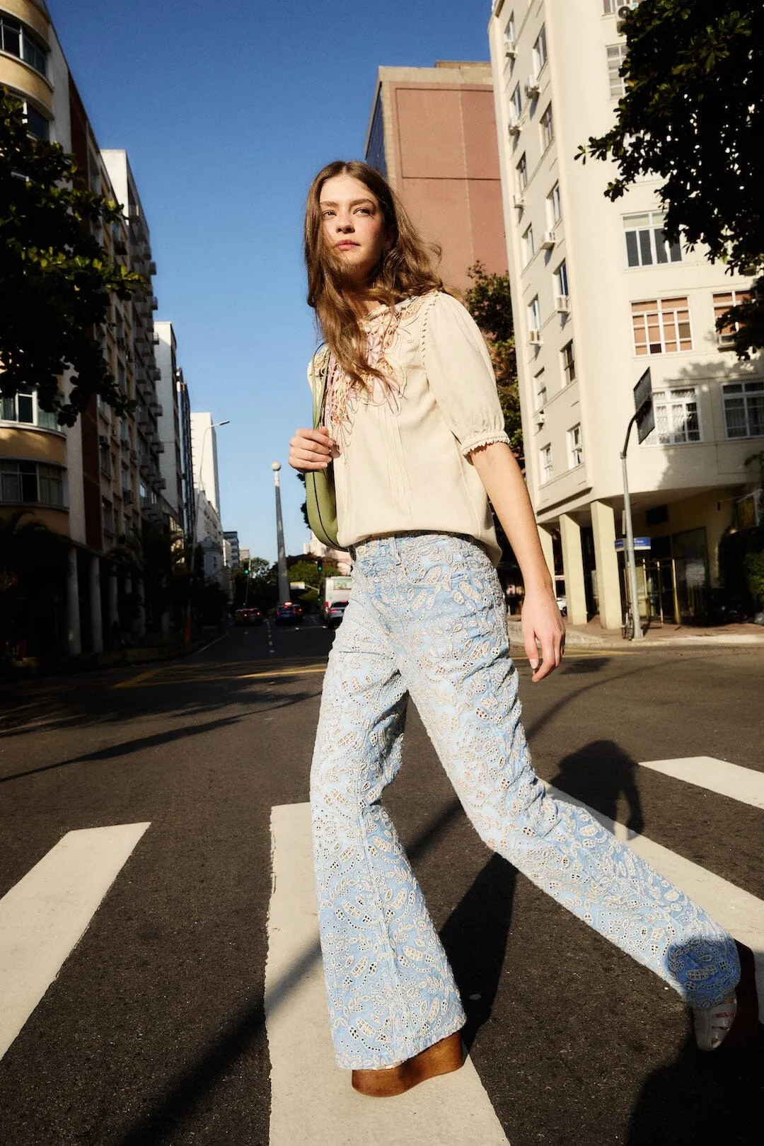 Denim Eyelet Pockets Flare Pants sold by FARM Rio